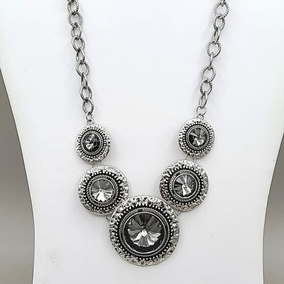 J. Crew Silver Necklace with Five Large Circular Rhinestones - Picture 1 of 5